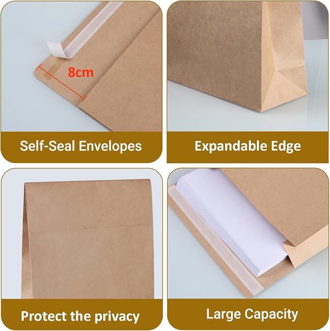 zmybcpack 50 Pack 9.4" x 13.2" Expandable Catalog Envelopes, Large Kraft - Image 3