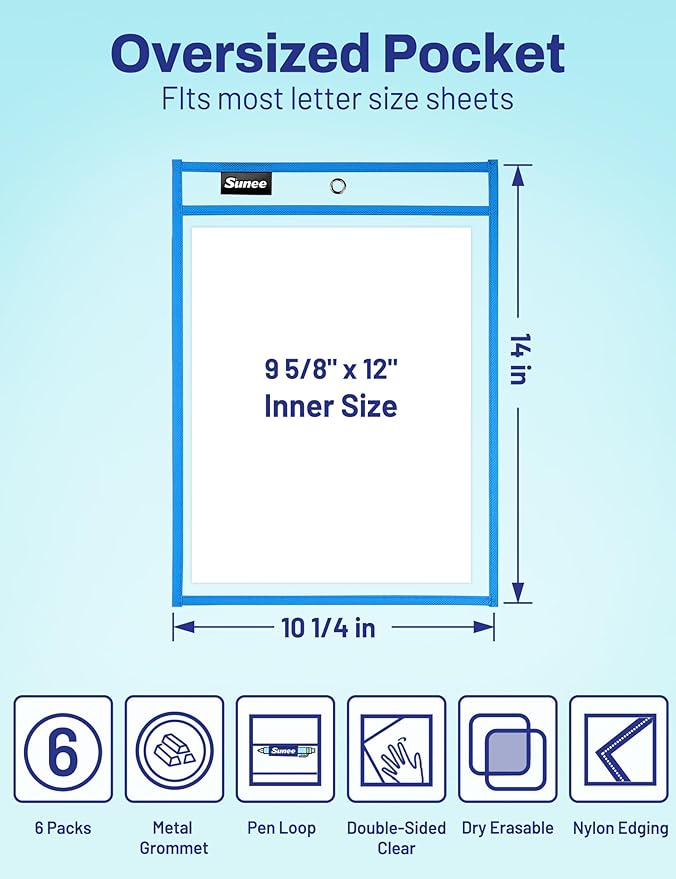 SUNEE 6 Packs Oversized Reusable Dry Erase Pocket Sleeves - Image 2