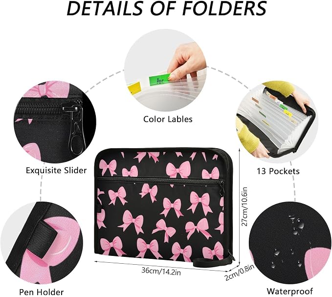 Expanding File Folder Pink Bow Black N Accordion File Organizer 13 Pockets - Image 4