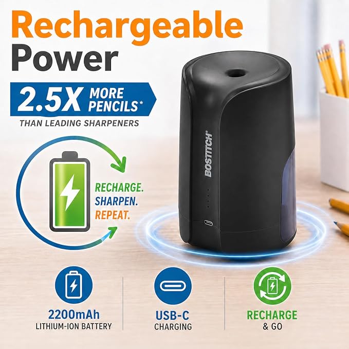 Bostitch Portable Rechargeable Battery Vertical Pencil Sharpener Helical Blade - Image 2