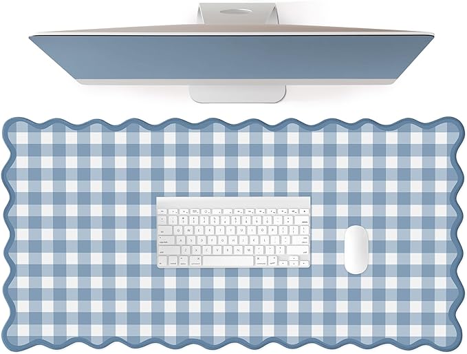 Scalloped‌ Blue Checkered Gingham Desk Mat Cute Pastel XXL Large Gaming Mouse by Unknown