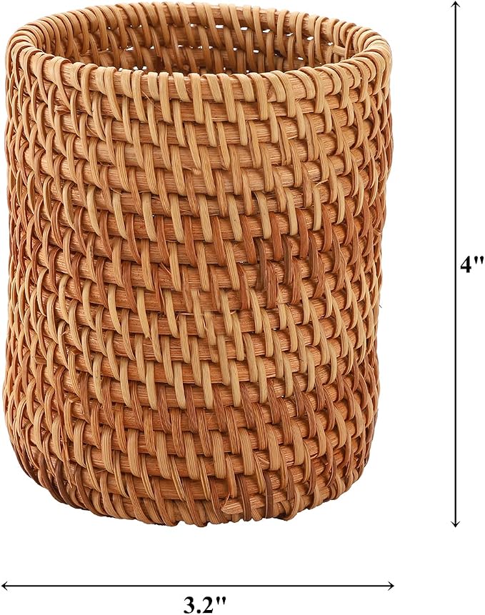 Okllen 2 Pack Rattan Pencil Holder, Handmade Wicker Pen Cup Makeup Brushes - Image 2