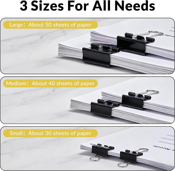 90 Count Binder Clips Assorted Sizes, Paper Binder Clips, Metal Paper Clamps - Image 3