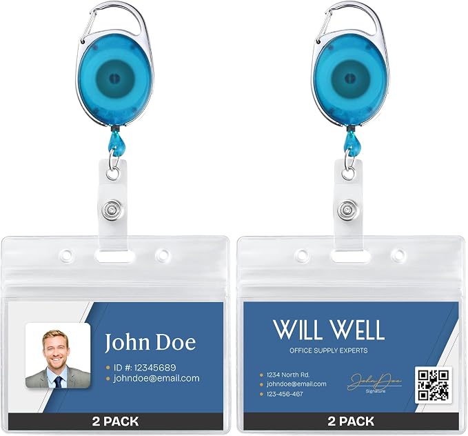 2 Pack Id Badge Holder with Clip, Transparent Light Blue Reels with Id Sleeves by WillWell