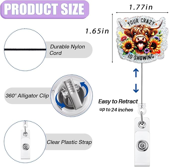 Your Crazy is Showing Highland Cow Badge Reel Retractable, Funny Nurse Badge - Image 2