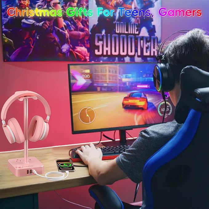 Pink Headphone Stand with USB Charger, Gaming Headset Holder with 3 USB Ports & - Image 3