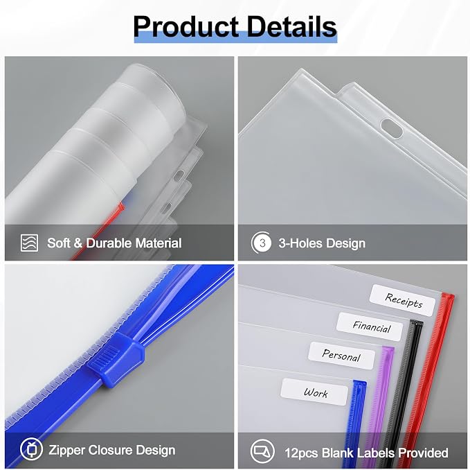KTRIO 12 Pack Binder Pockets, 8.5 x 11 Colored Zipper Pouches - Image 3
