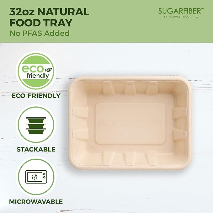 Harvest Pack 32 oz Compostable Food Trays, 8.49" x 6.45" x 1.86" Disposable - Image 4