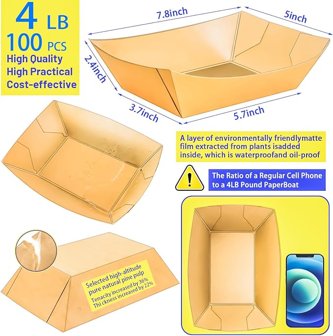 100 Pack 4LB Paper Food Boat Trays Disposable Paper Boat Containers, Heavy Duty - Image 2