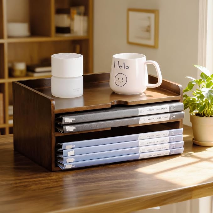 Wooden Desk Organizer with Dark Wood Finish, Stackable Paper Tray & File Holder - Image 9