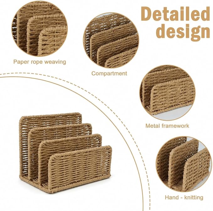 Desk Mail Organizer, 3-Slot Woven Letter Sorter File Tray, Office and Home Use - Image 2
