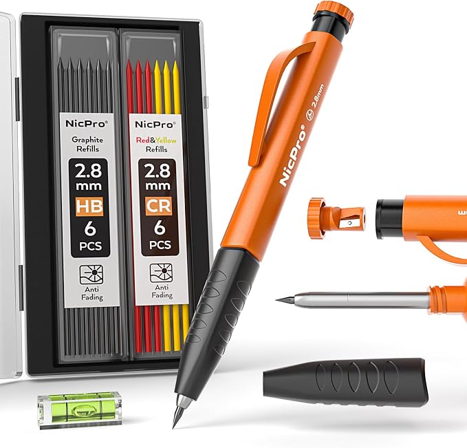 Nicpro Carpenter Pencils with Sharpener & Finger Grip, Mechanical Pencil Set by Nicpro