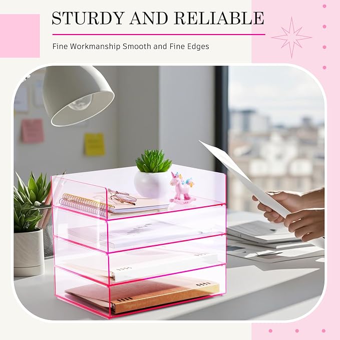 Harloon 4 Tier Paper Organizer Letter Tray Pink Acrylic Desk File Organizer - Image 6