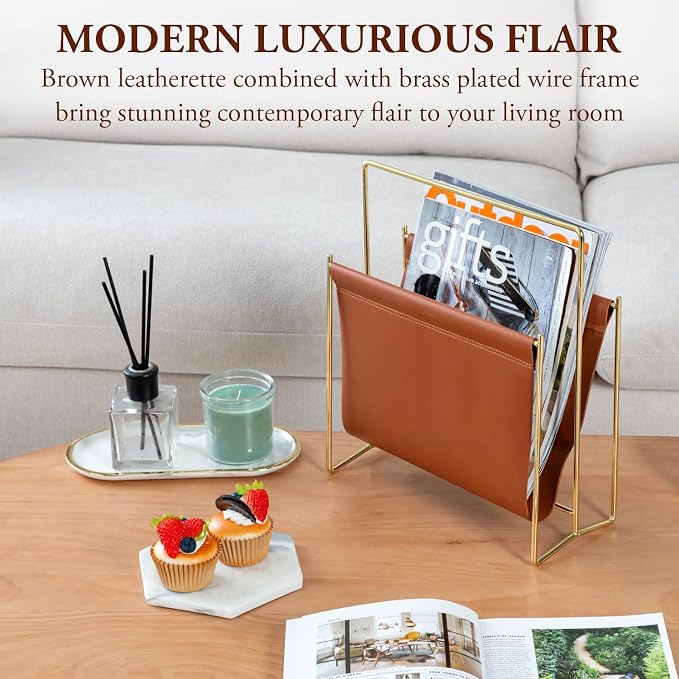 MyGift 13 inch Modern Caramel Leatherette Magazine Holder Floor Standing Sling - Image 2