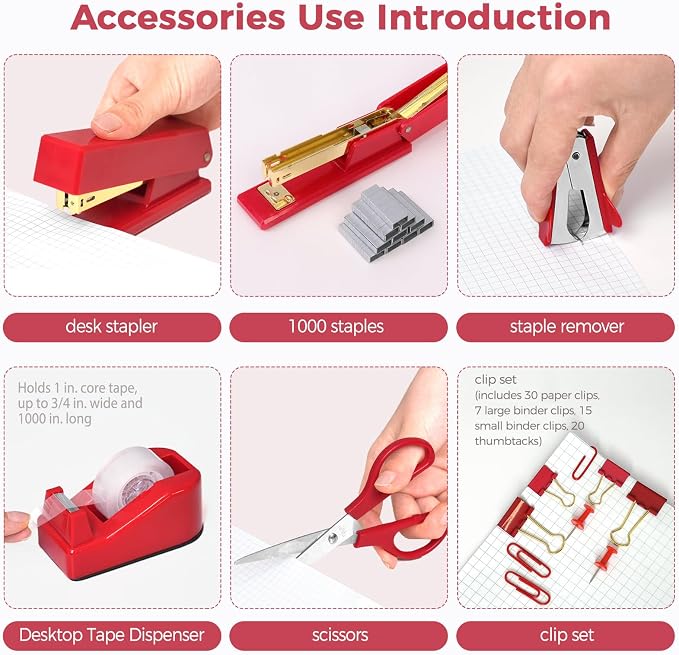 SKYDUE Red Office Supplies Set, Desk Accessories, Tape Dispenser, Binder/Paper - Image 5