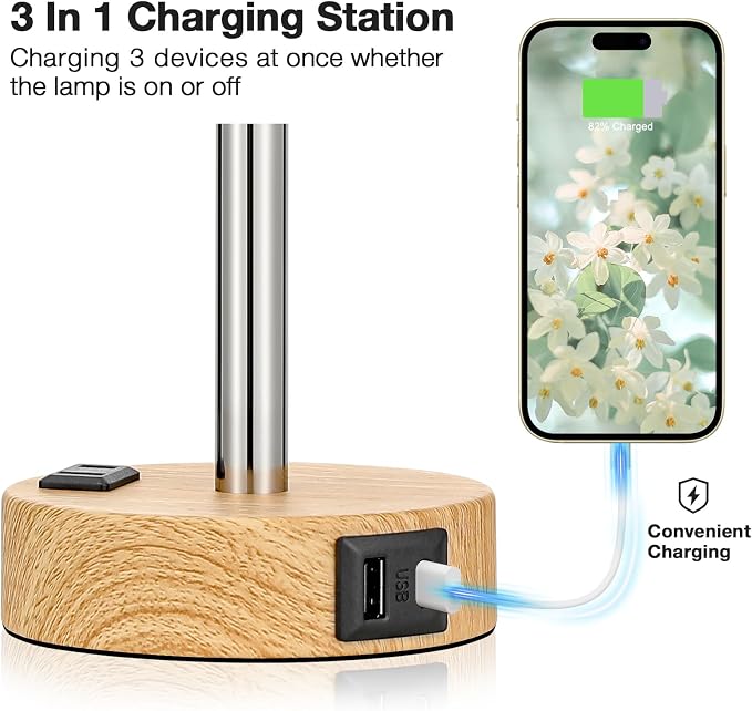Fenmzee Floral Touch Lamp for Bedroom- 3 Way Dimmable Bedside Lamp USB C A - Image 3