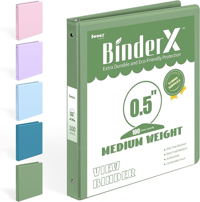 BinderX Extra Durable 3 Ring Binder, Round Rings 0.5 Inch Binder, Fits 100 by Sooez