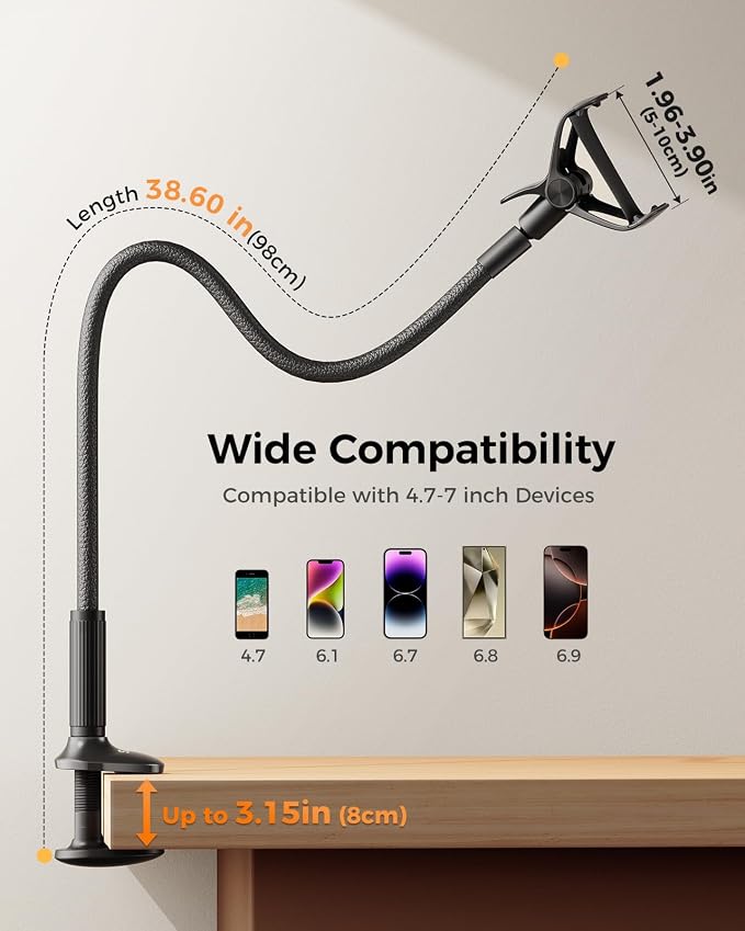 SAIJI Gooseneck Phone Holder for Bed Overall Length 38.6” Flexible Leather - Image 5