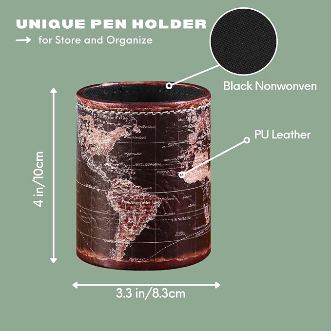 Black World Map Pencil Holder for Desk, PU leather Pencil Cup, Globe Pen Holder - Image 4