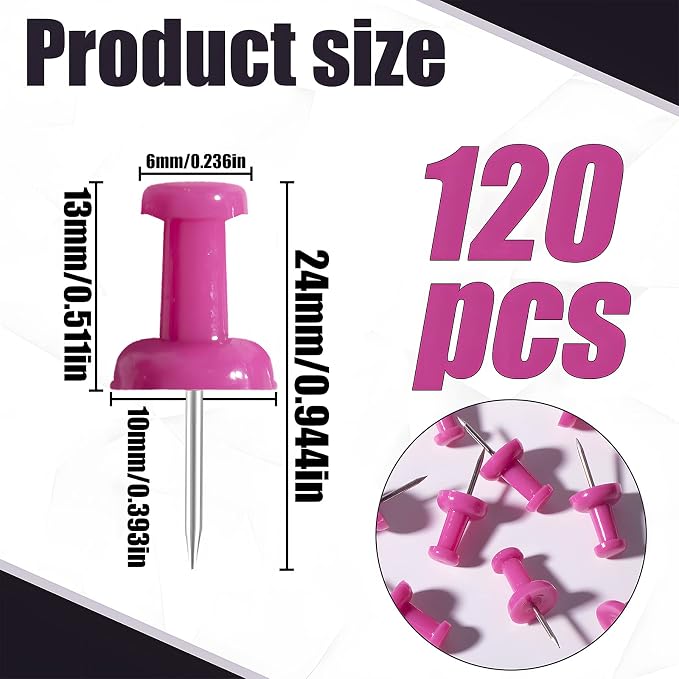 VAPKER Push Pins Tacks 120Pcs Solid Hot Pink Thumb Tacks Larger Size Pin Map - Image 2