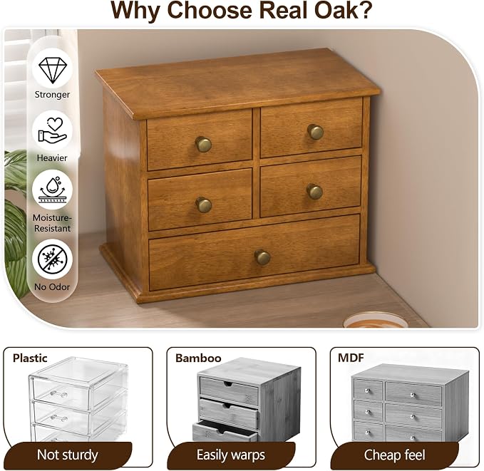 Oak Desk Organizer with Drawers, Durable Wooden Desktop Storage Box with Metal - Image 3