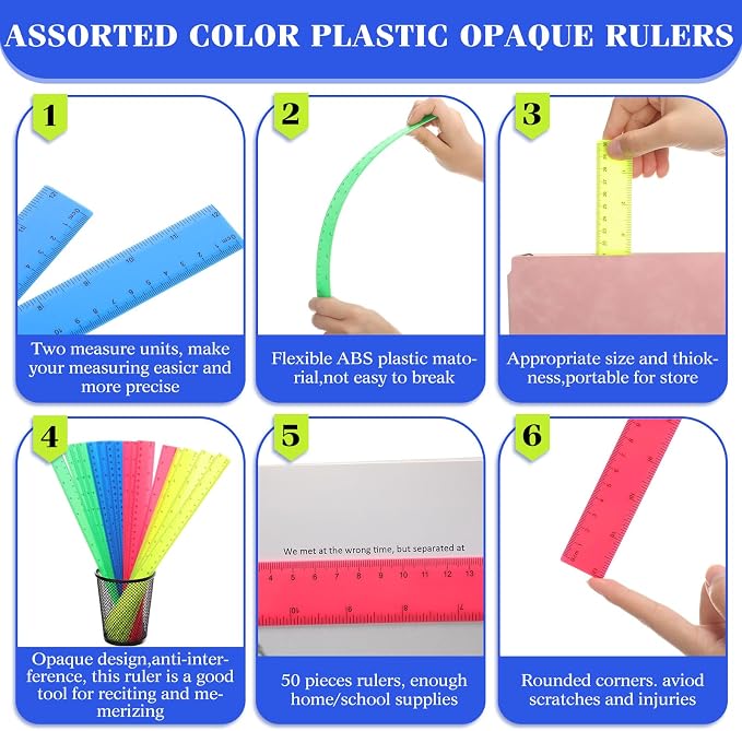 Zonon 50 Pcs 6 Inch/12 Inch Plastic Rulers Bulk Flexible Straight Rulers - Image 6