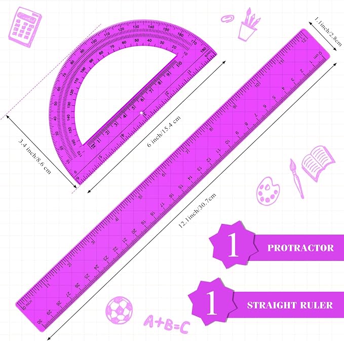 Zonon 2 Pcs 12 Inch Clear Ruler and 6 Inch Plastic Protractor Set, Dual Scale - Image 2