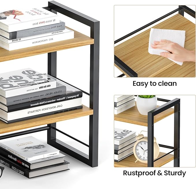 Office Desk Shelf Organizer, Wood Desktop Bookshelf Supplies Storage Rack - Image 6