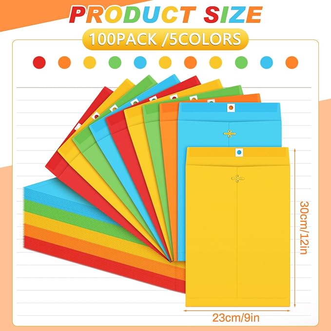Geyee 100 Pcs Clasp Manilla Envelopes 9 x 12 Inch Gummed Colored Envelopes - Image 2