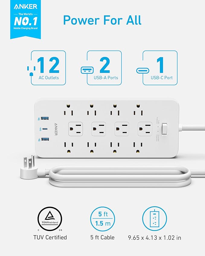 Anker Power Strip with 2100J Surge Protector, Outlet Extender, 5ft Extension - Image 2