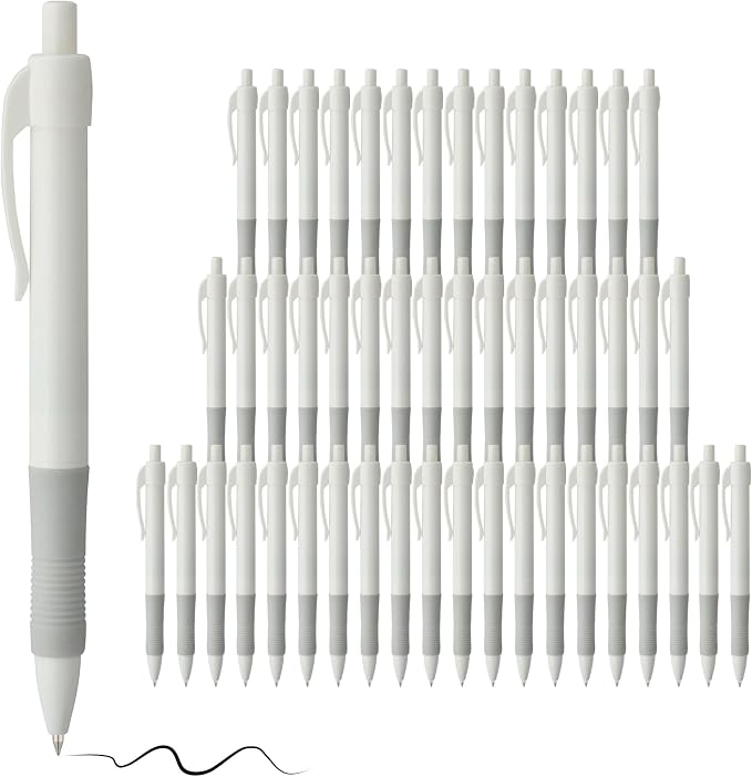 deegtran Pens Bulk, 50 Pack No Bleed White Barrel Black Ink Click Pens by DEEGTRANPENS