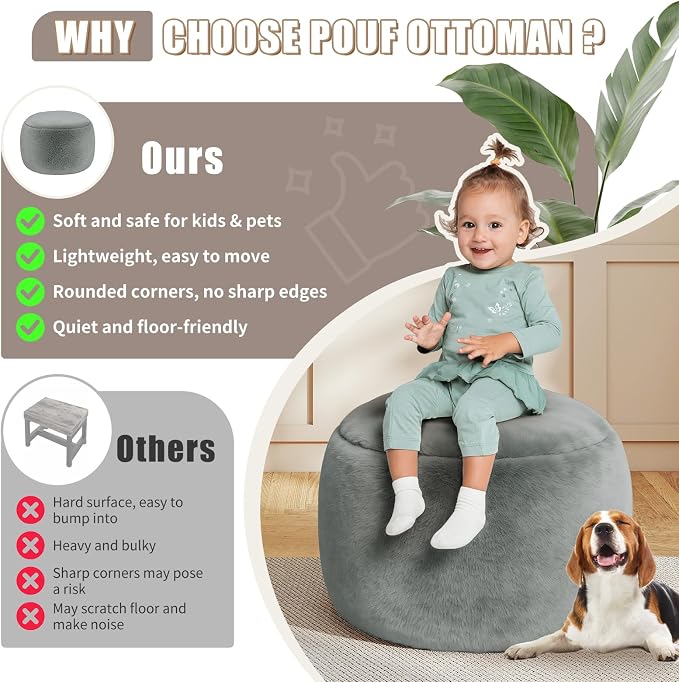 Round Stuffed Pouf Ottoman Foot Rest, Faux Fur Poufs - Image 6