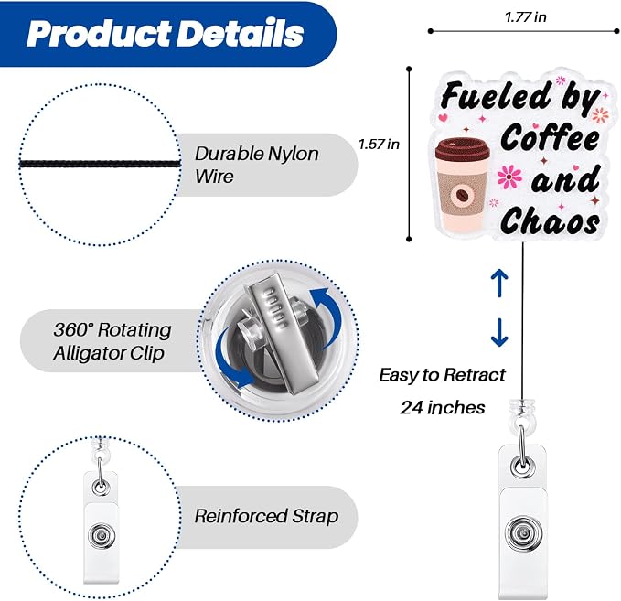 Fueled by Coffee and Chaos Funny Nurse Badge Reel, Cute Retractable ID Badge - Image 2