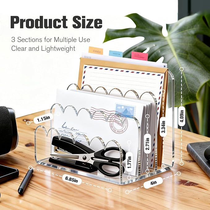 3 Compartments Acrylic Mail Organizer, Vertical File Sorter & Scalloped Desk - Image 4
