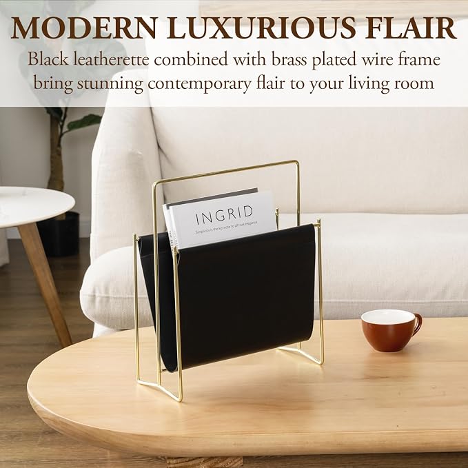 MyGift 13 Inch Modern Black Leatherette Magazine Holder Floor Standing Sling - Image 2