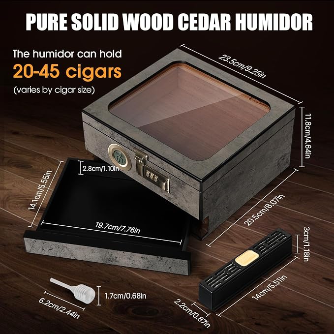Tesonway Cigar Humidor, Cedar Wood Humidor Cigar Box, Glass Top Desktop Humidor - Image 5