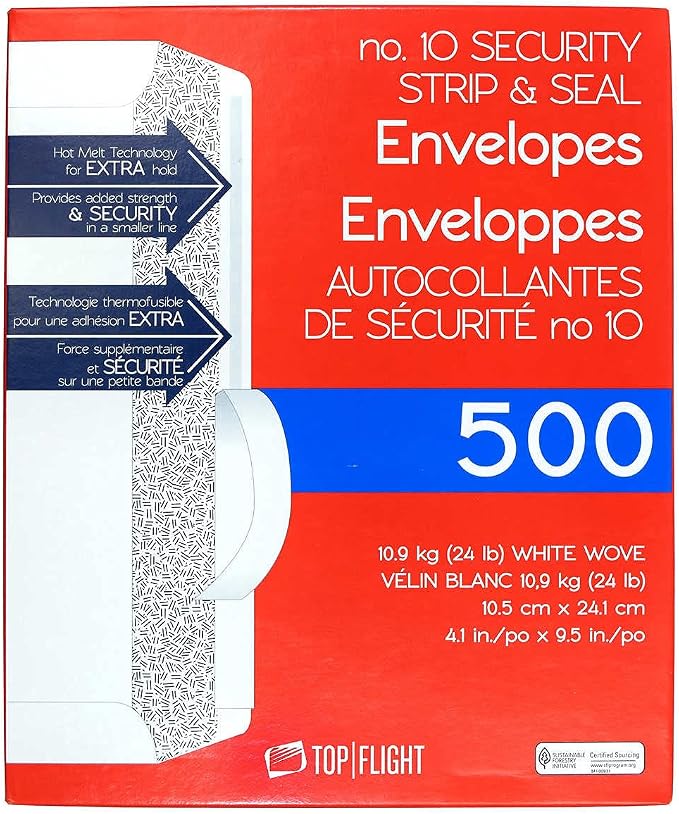 Top Flight PSTF10NWT #10 Envelopes, Strip & Seal, Security Tinted, 24 lb by Top+Flight