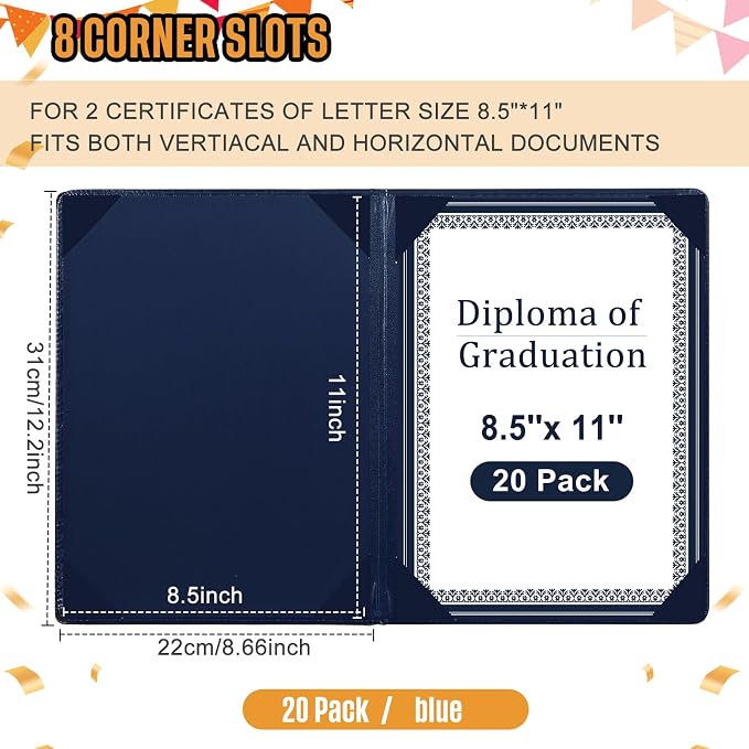 Tenare 20 Pcs Blue Leather Certificate Holder 8.5 x 11 PU Phd Bachelor Master - Image 2