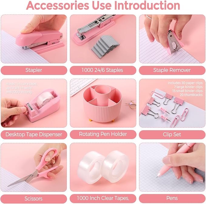 SKYDUE Pink Desk Accessories 10Pcs, Rotating Pen Holder - Image 3