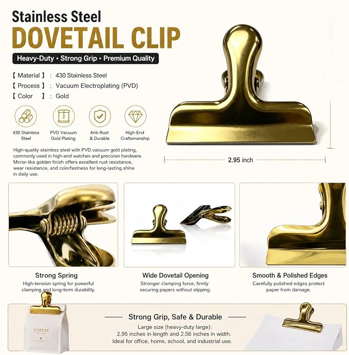 Heavy Duty Bulldog Binder Clips 8 Pack, 3 Inch Gold Foldback Metal Clips - Image 2