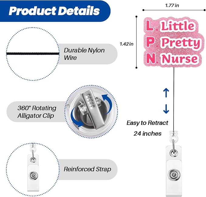 Pink LPN Little Pretty Nurse Badge Reel, Cute Retractable ID Badge Holder - Image 3