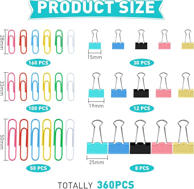 Utron 360PCS Paperclips and Binder Clips Set, Colorful Office Paper Clips - Image 2