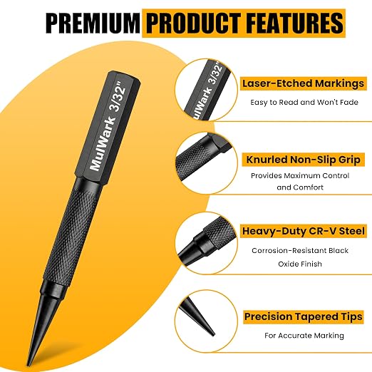 MulWark 4-Piece Nail Set and Center Punch Set, 1/32" to 1/8" Hardened Cr-V - Image 3