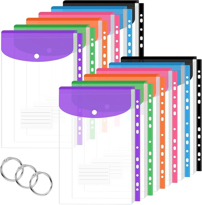 Clear Plastic Document Envelopes, 12 Pack, 6 Colors, Button Closure, by Unknown