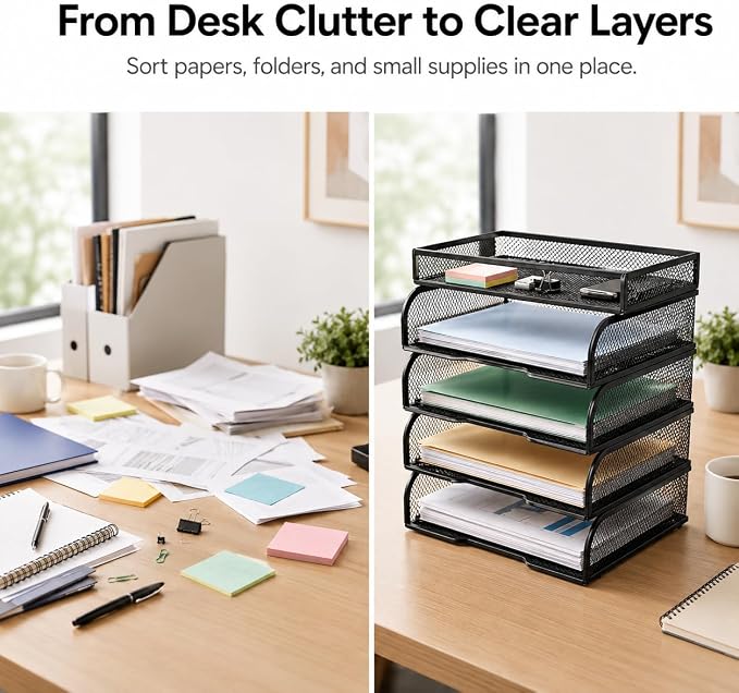 SUPEASY 4-Tier Black Metal Mesh Desk Organizer, Stackable Letter Tray and Paper - Image 2