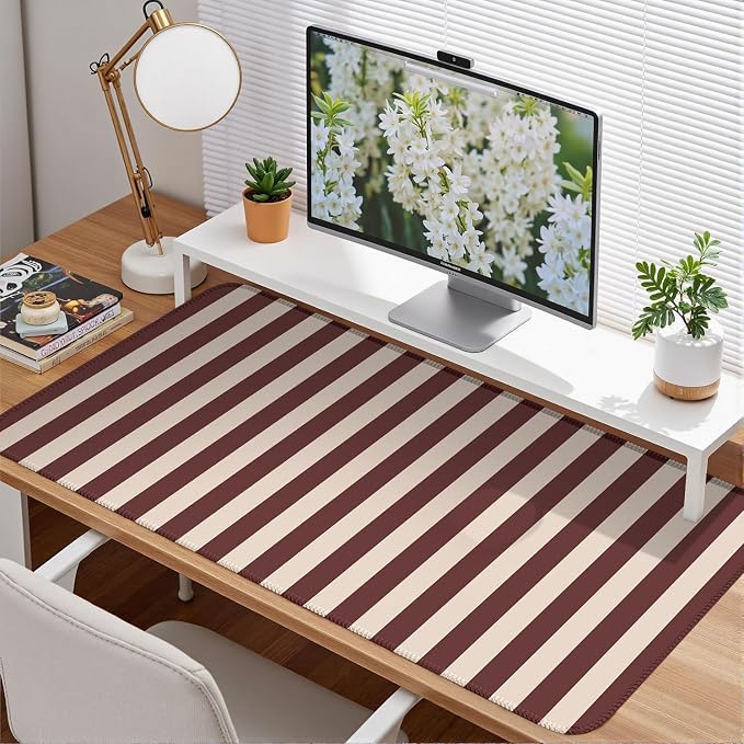 Maroon Beige Striped Desk Mat Cute Pastel XXL Large Gaming Mouse Pad Desk Pad - Image 2