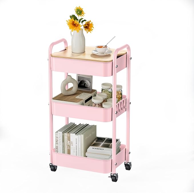 3 Tier Rolling Cart with Table top, Metal Rolling Utility Cart, Sturdy Storage by Johgee