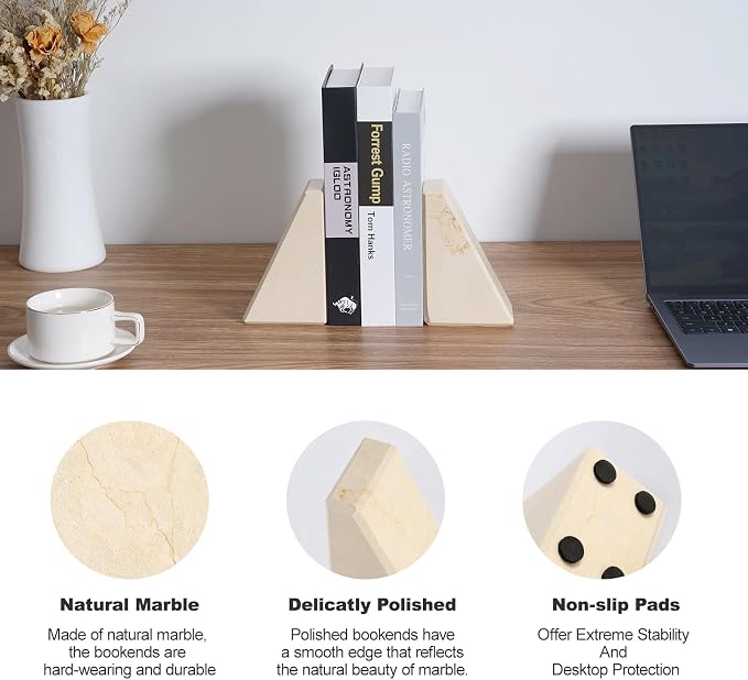 Marble Bookend for Heavy Books, Decorative Bookends for Shelves, Durable and - Image 2