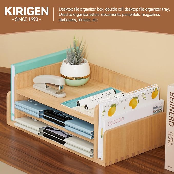 KIRIGEN Wood Desk Organizer 5 Trays, 3-Tier Desktop Document Letter Tray - Image 4