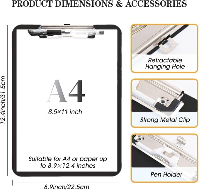 Clipboard with Pen Holder, Nursing Clipboard A4 Standard Letter Size, Plastic - Image 3
